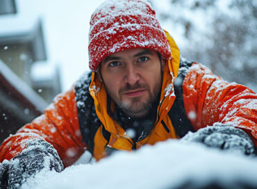 Commercial worker clearing snow from a rooftop during winter storm conditions to help prevent ice dam buildup and roof damage