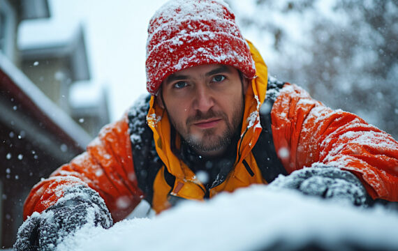 Commercial worker clearing snow from a rooftop during winter storm conditions to help prevent ice dam buildup and roof damage