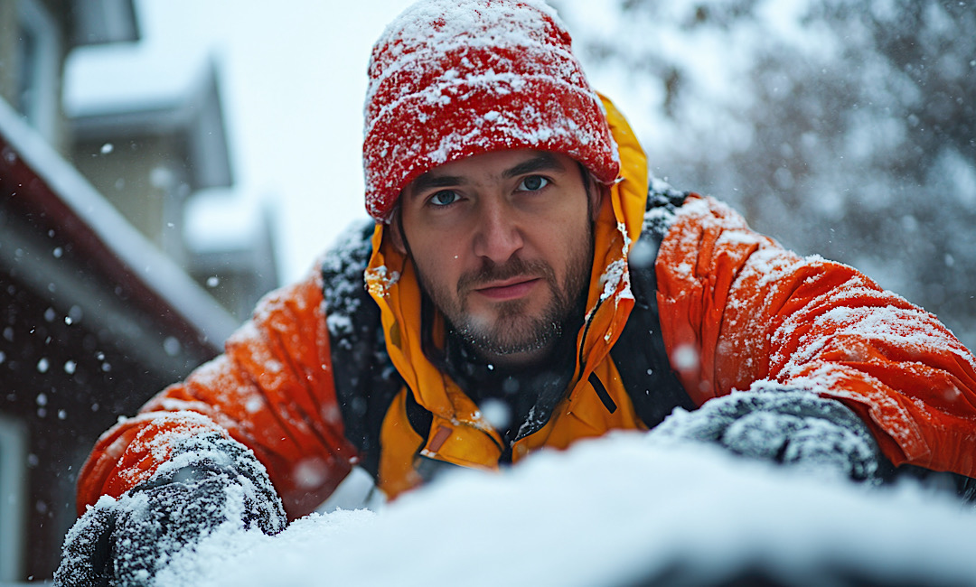 Commercial worker clearing snow from a rooftop during winter storm conditions to help prevent ice dam buildup and roof damage